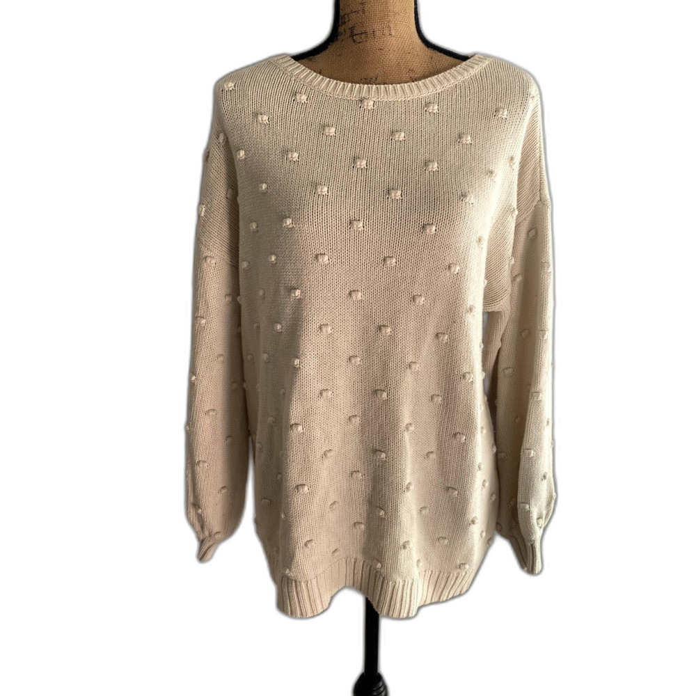 Harper Grey Bobble Knit Oversized Pompom Sweater Neutral Tan Cream Size Medium